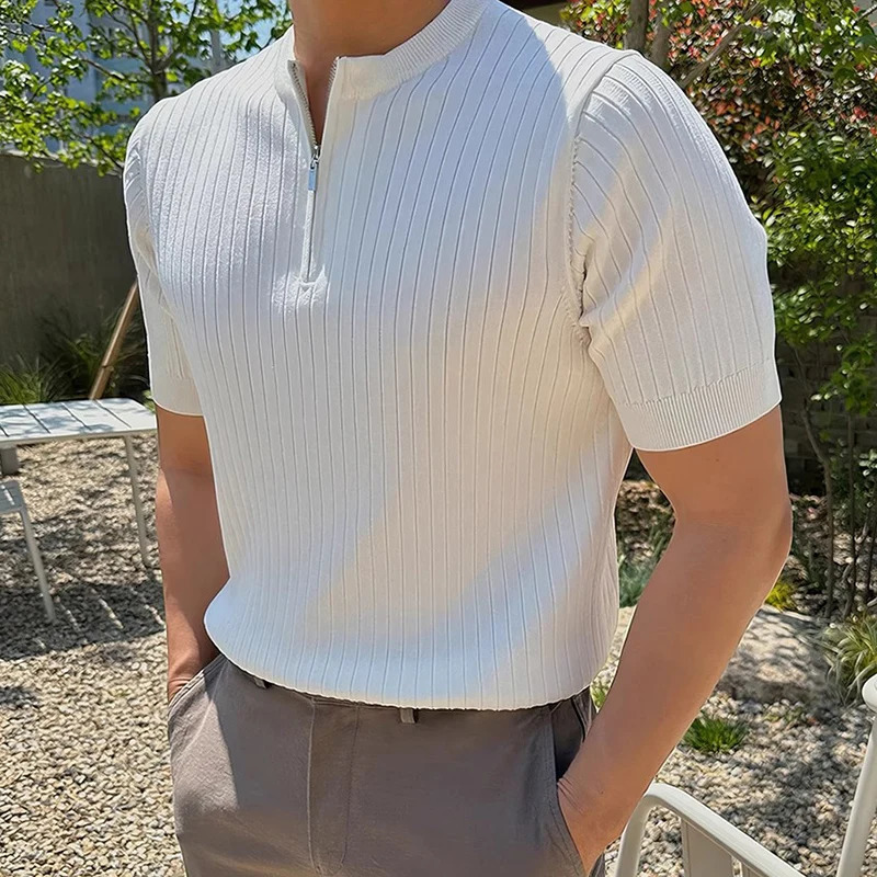 casual short sleeved mens knitted top for spring and summer fashion solid color zipper Tshirt staff neck pull tee 250313