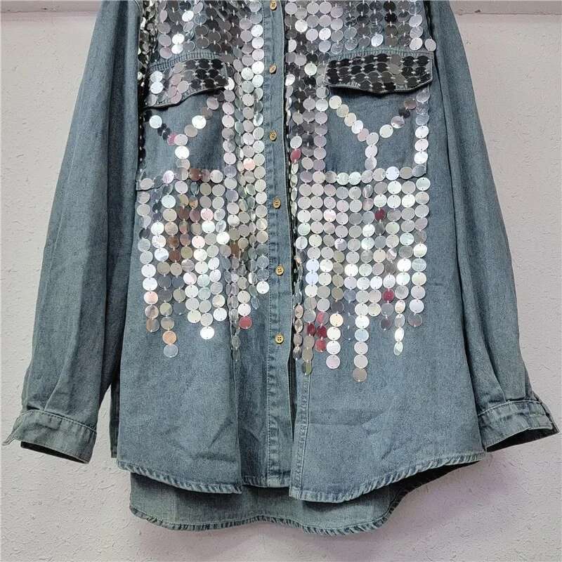 Chic Sequins Denim Spring Loose Jeans Beading Blouse Single Breasted Cowboy Cardigan Crop Tops Blusas