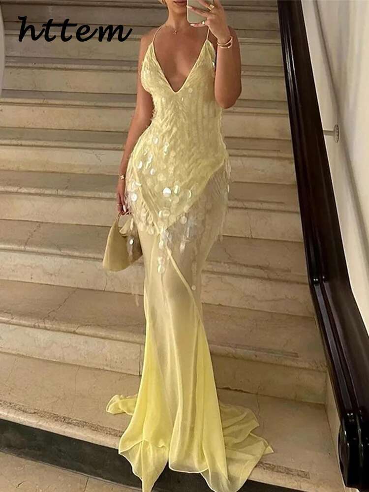 Sexy Sequins Backless Long Mermaid Dress Women Bodycon Halter Neck Sleeveless See Through Party Dresses 2024 Autumn Evening Gown