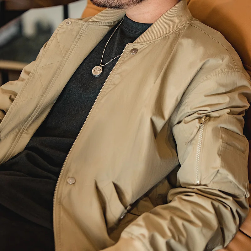 Maden Khaki MA1 Mens Flight Jacket Classic Baseball Collar Autumn Ribbon Waist Windproof Coats Copper Button 250313