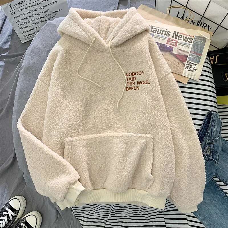 Official Hooded Fleece-Ed Wool Flanelle Material Sweatshirt Women's Student Autumn/Winter Warm Jacket