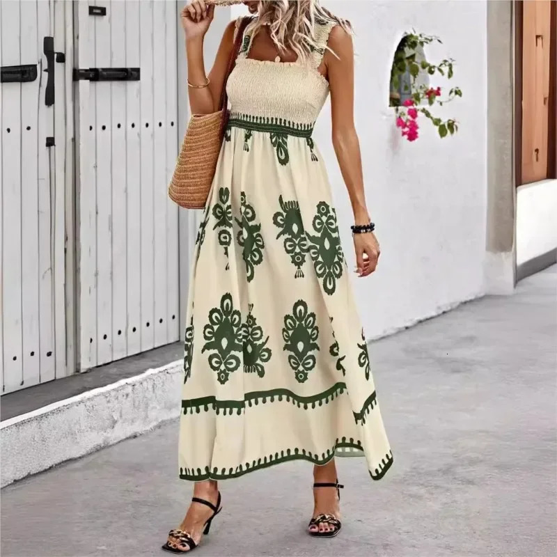 Bohemian womens summer clothing folding shoulder strap print high waist sexy backless beach dress holiday robe fashionable 250313