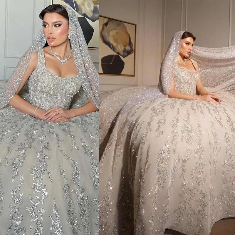 Gorgeous Ball Gown Wedding Dress Jewel Neck Sleeveless Bridal Gowns Sequins Appliques Sweep Train Dresses Custom Made vestidos de novia