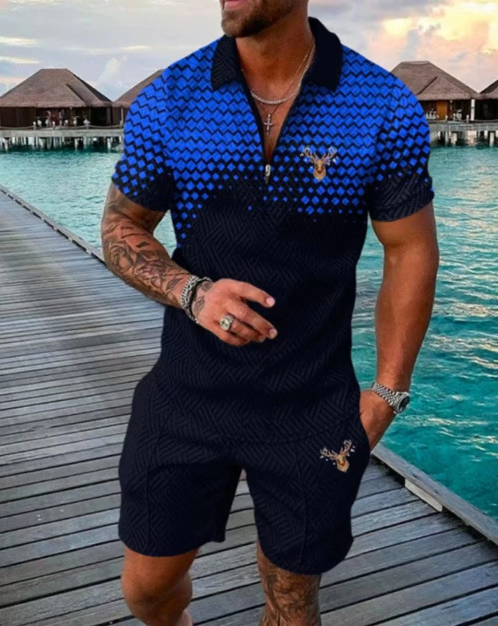 Mens fashion leisure beach short sleeve animal print suit lapel zipper breathable a variety of style 250313