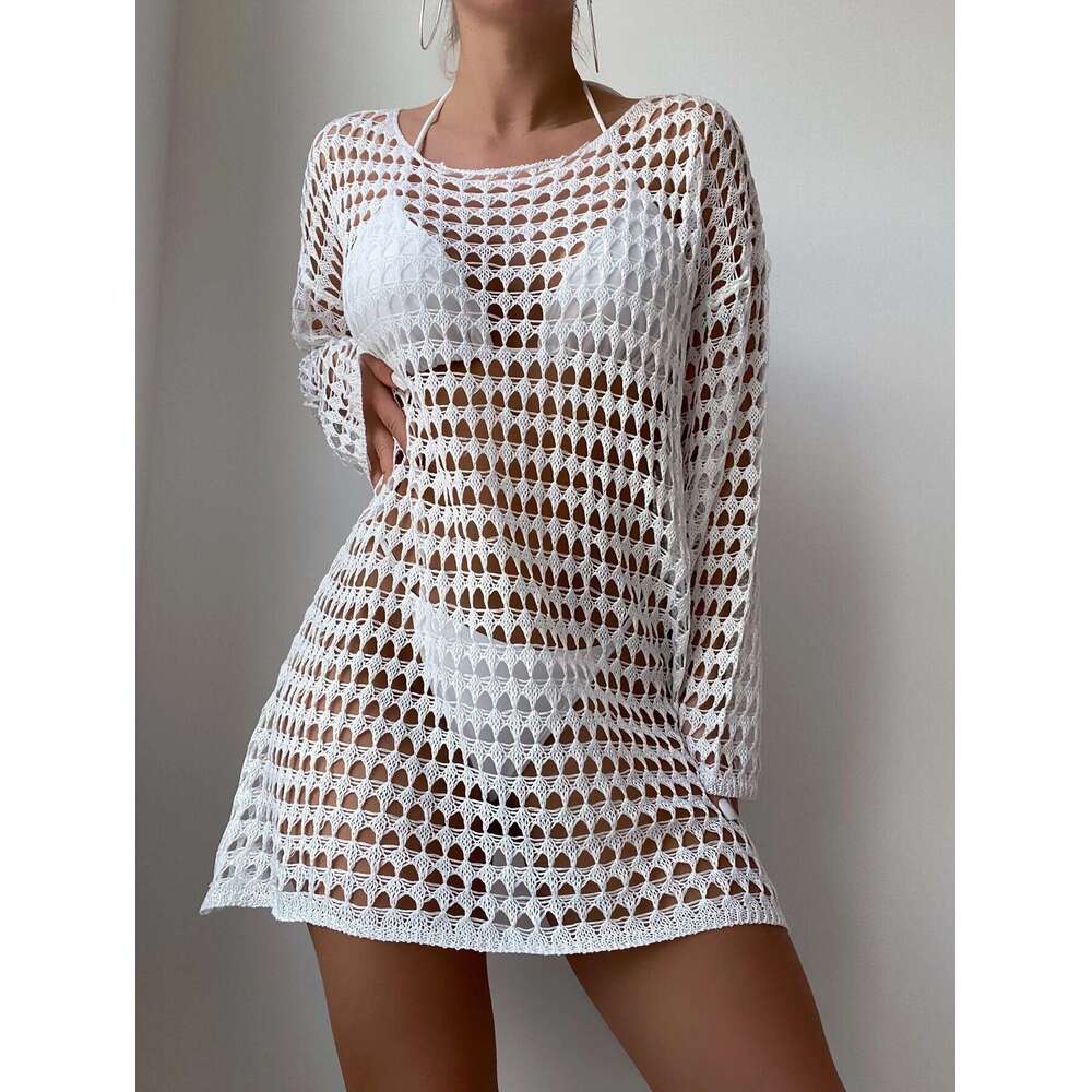 European American bikini mesh hollow knitted sweater swimsuit beach summer women's dress 2025 new style chic and elegant clothing