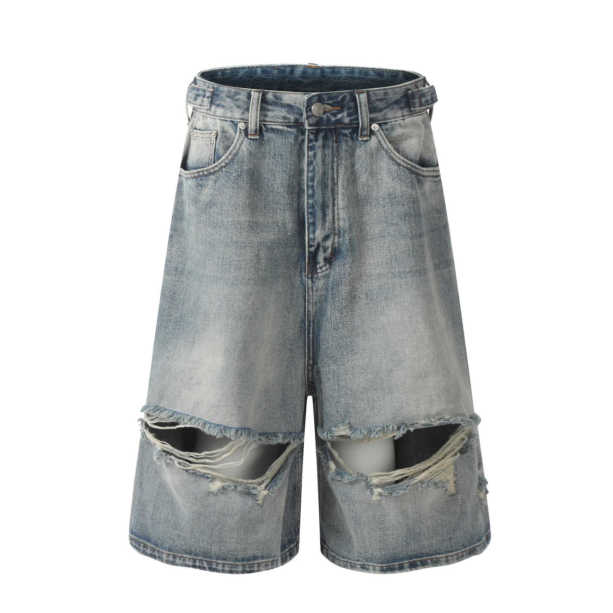 MIJKO blue ripped shorts Y2k jeans mens streetwear jeans hip-hop denim shortsXJ250313