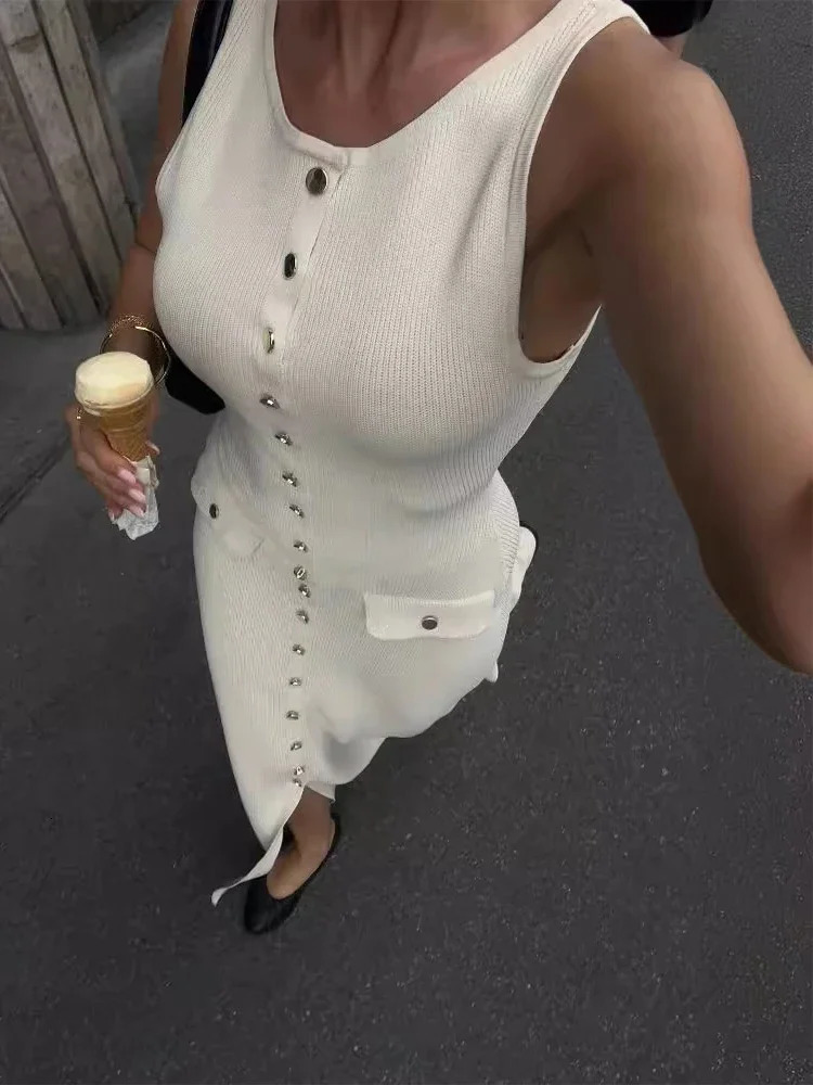 Womens Knit Cardigan Dress Summer Elegant Lady Long Dresses Solid Single Breasted Sleeveless Bodycon Female 250313