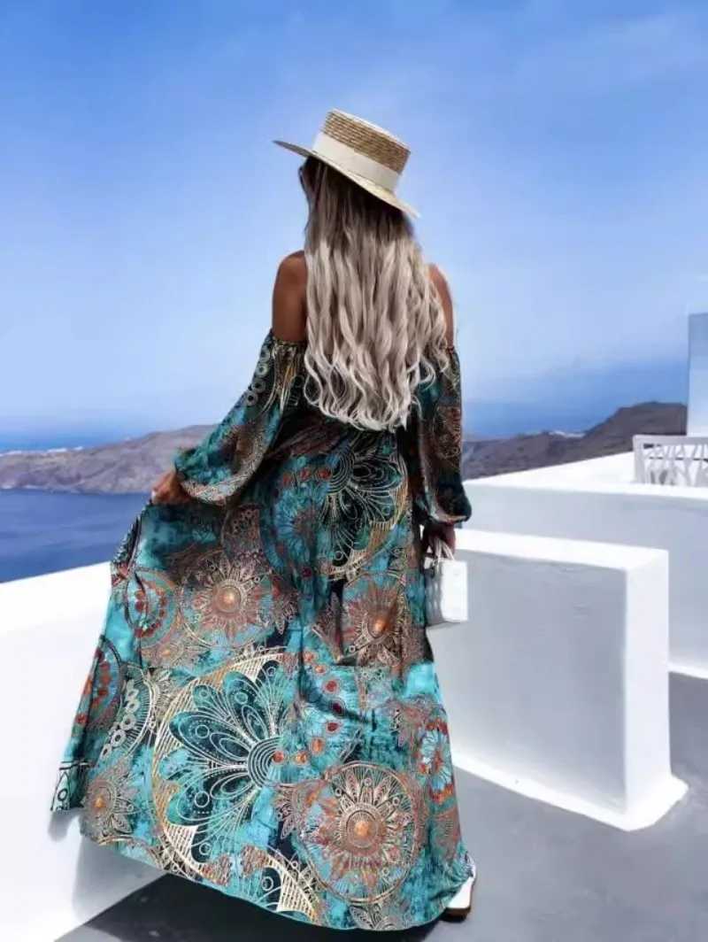 Urban Sexy Dresses Womens Fashion Dr Womens One Line Neck Long Slve Plaque Printed Long Dr Bohemian Style Ankle Split Long Dr Y240312LBH6