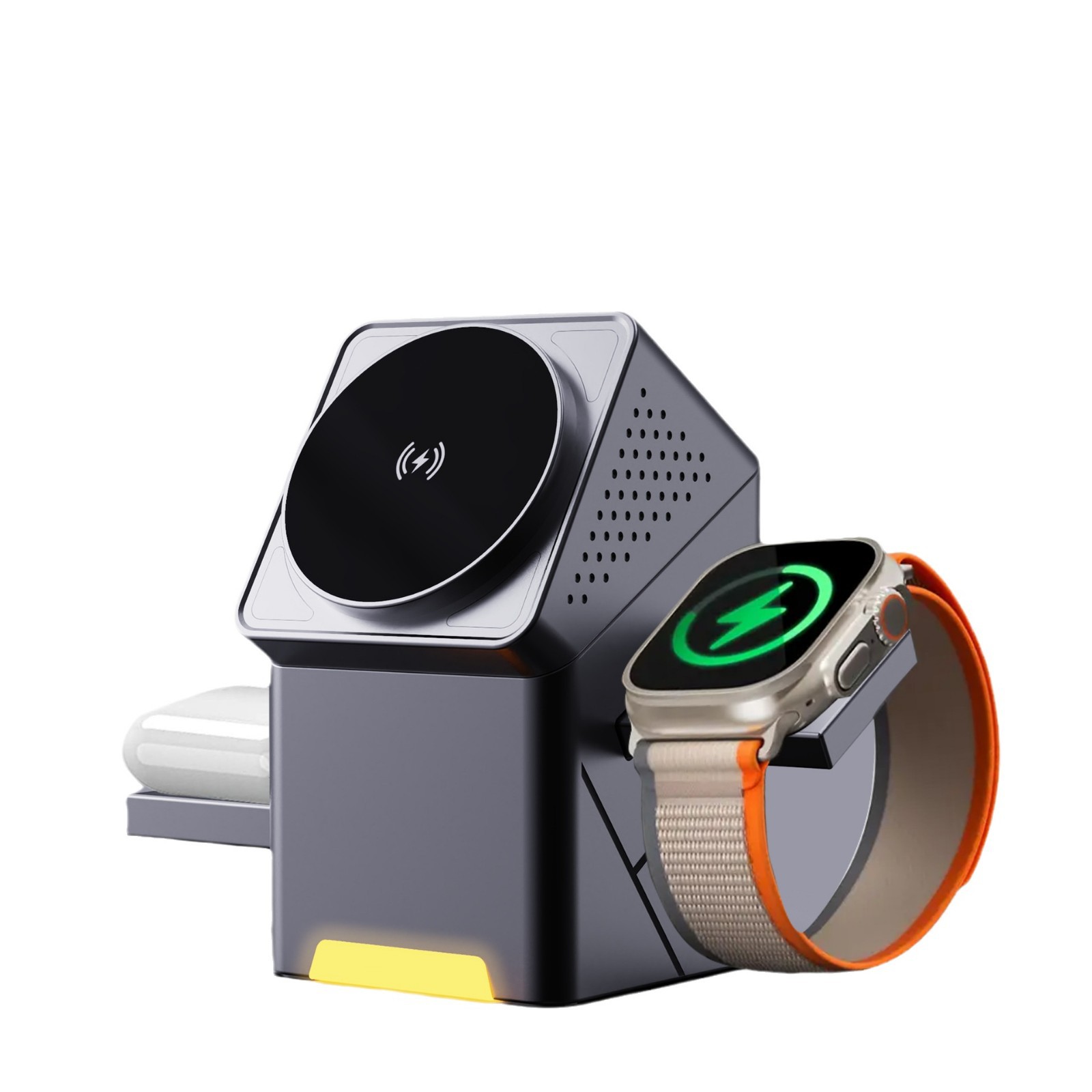 3-in-1 Magnetic Wireless Charger Station Qi2 Certified 15W Fast Charge with Auto-Rotating Magsafe & Pop-Up Design for iPhone 15/14, Apple Watch Ultra/