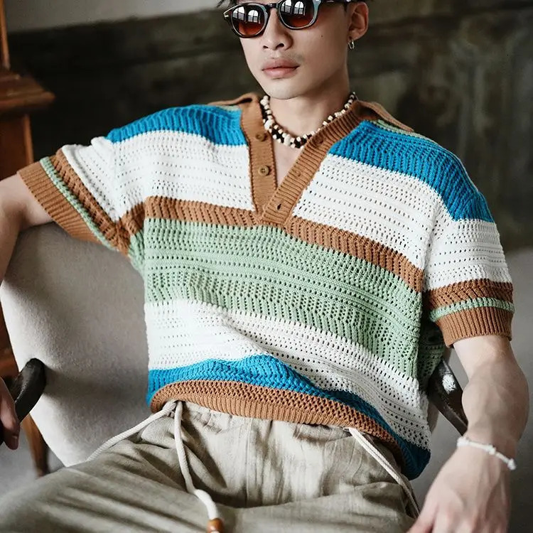 Retro POLO shirt color matching jacquard short sleeved knitted with hollowed out loose Tshirt top for men and women y2k 250313