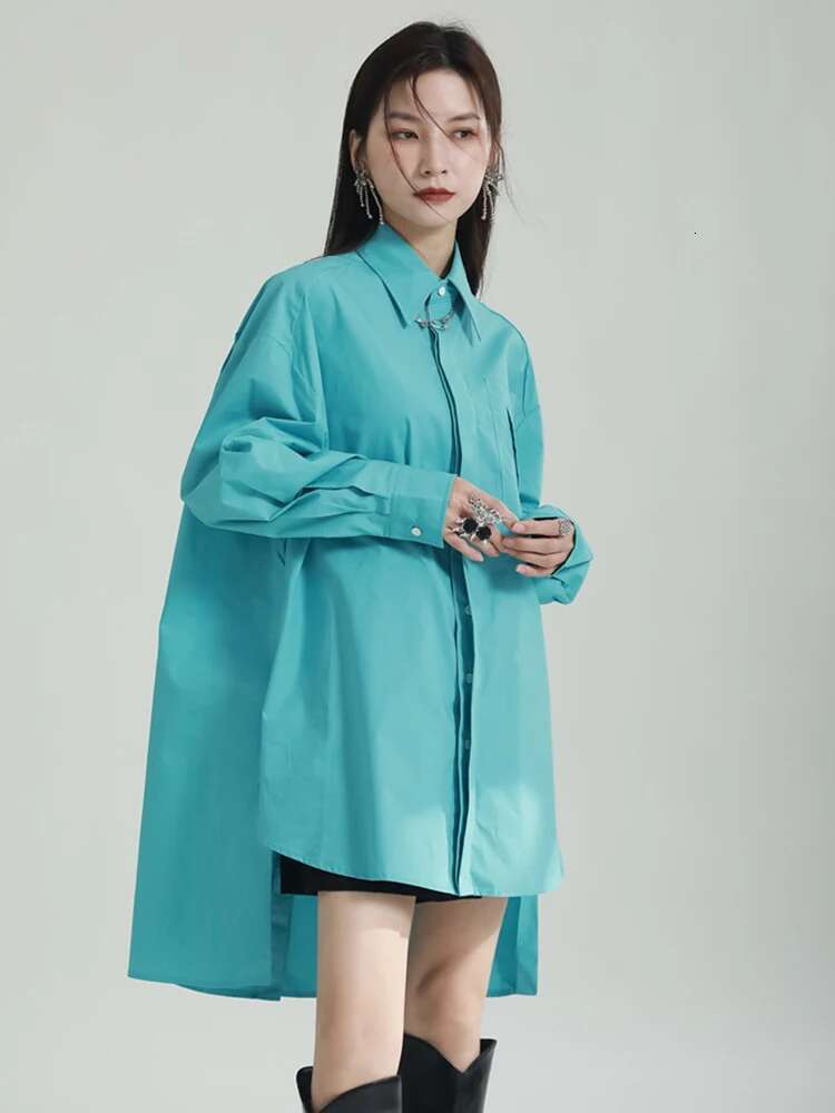 Women Blue Irregular Big Size Blouse New Lapel Long Sleeve Loose Fit Shirt Fashion Tide Spring Autumn 2025 1Df6598