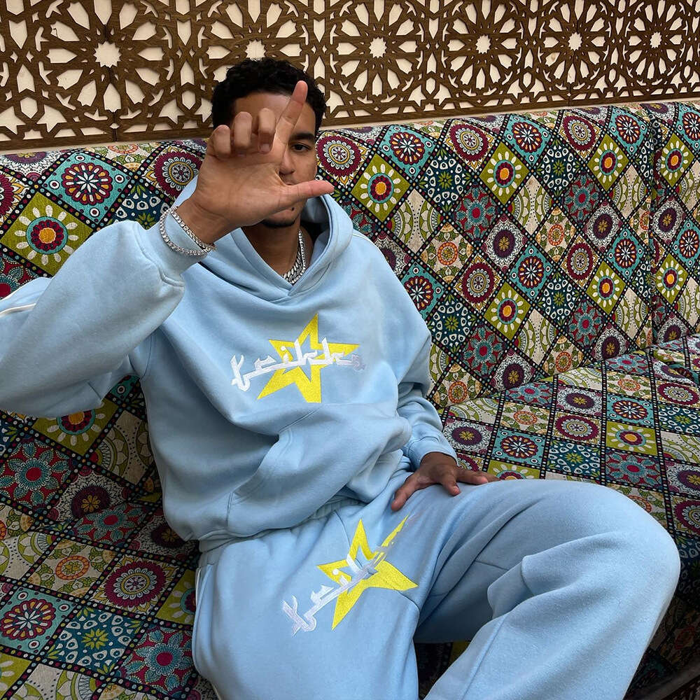 Ins trendy hooded autumn and winter style line letter star print loose long sleeved pullover hoodie set