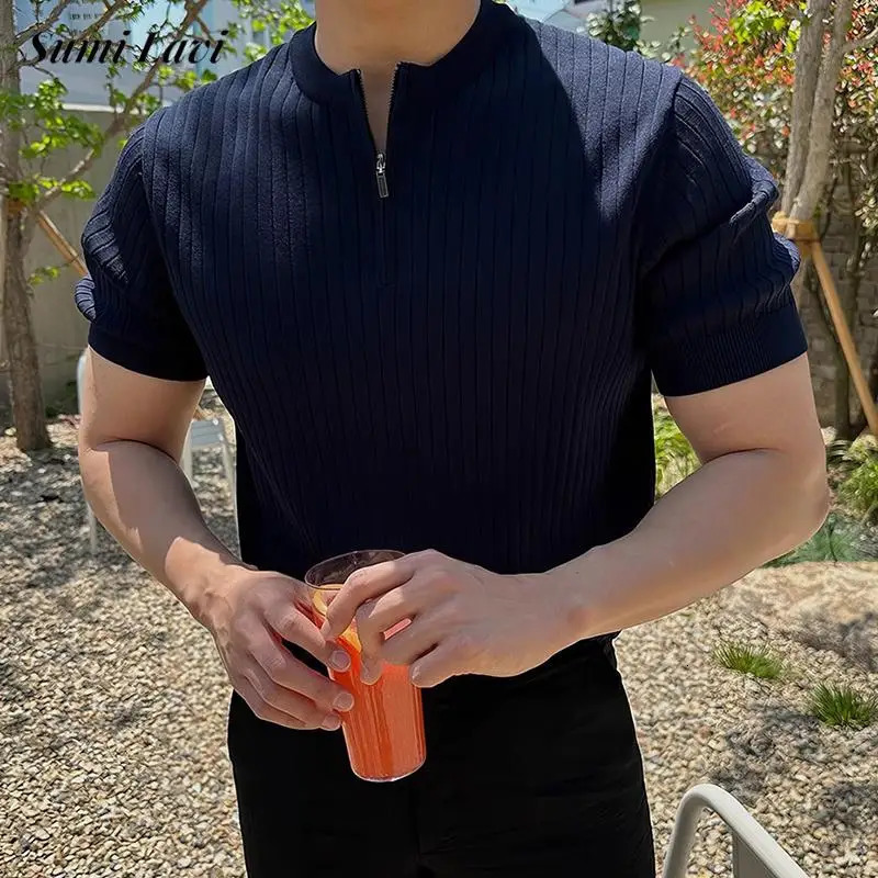 casual short sleeved mens knitted top for spring and summer fashion solid color zipper Tshirt staff neck pull tee 250313