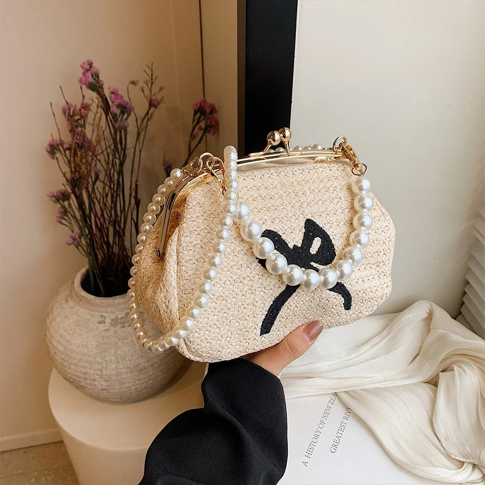Summer Straw Bag Women Bow Shoulder Bags Pearl Chain Clutch Luxury Top Hand Bag Fashion Handbag Purses Crossbody Bag for Women R250312