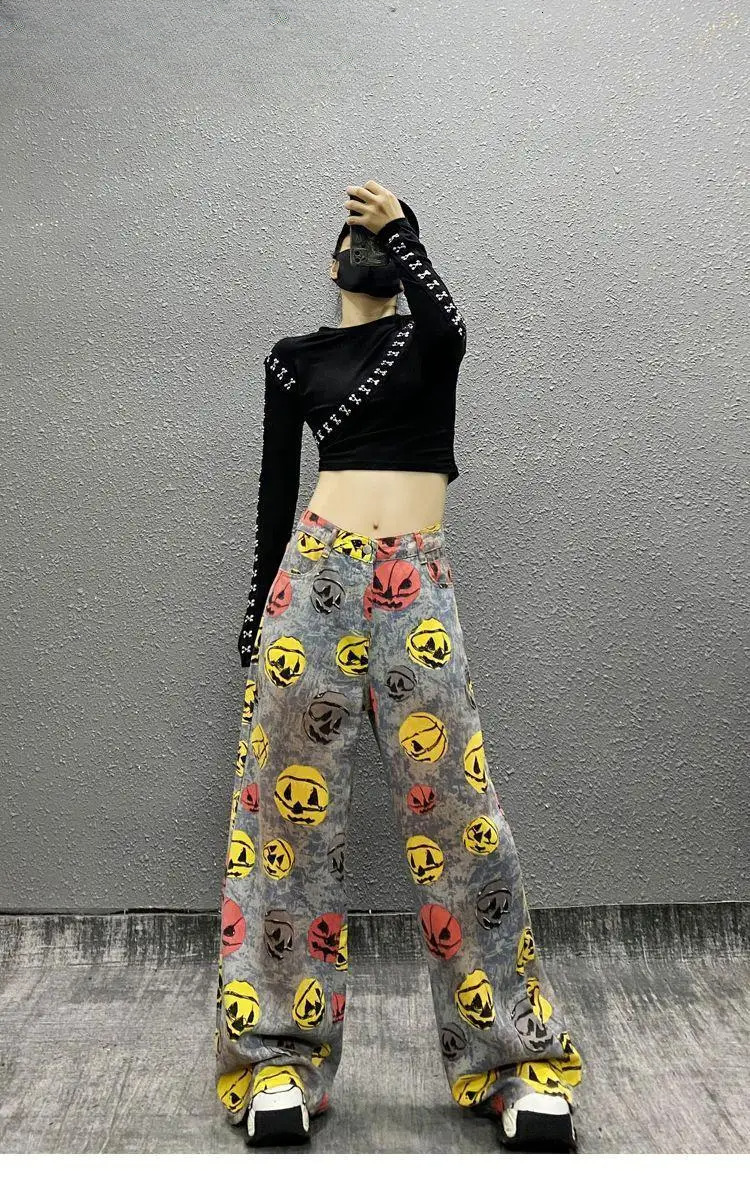 Spring And Summer Colorful Prints Tie-Dyed Washed Jeans Women's New High-Waisted Loose Versatile Straight Wide-Leg Pants