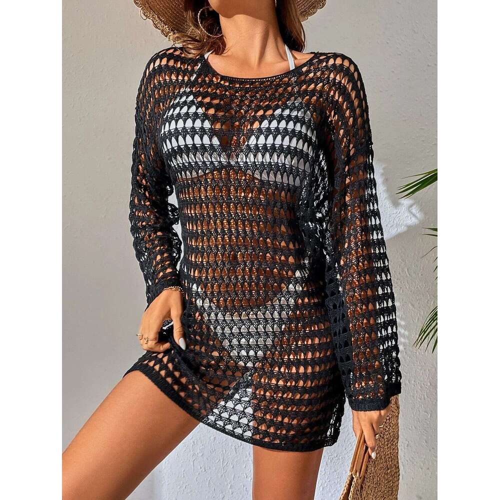 European American bikini mesh hollow knitted sweater swimsuit beach summer women's dress 2025 new style chic and elegant clothing