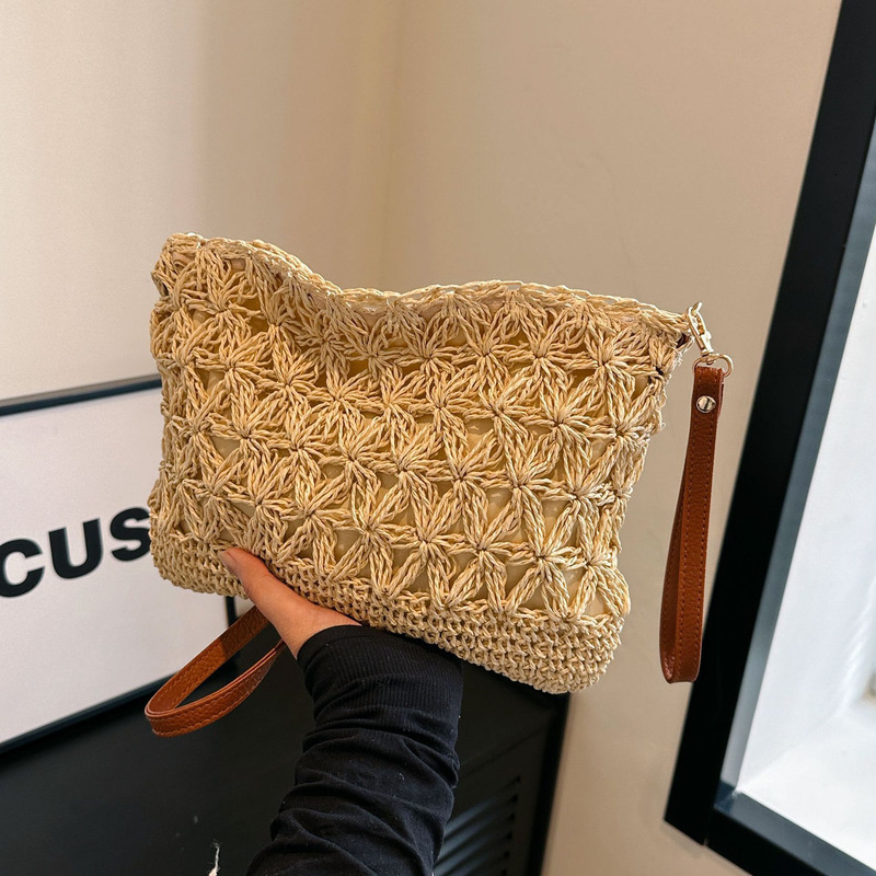 Straw Artistic Hand-Held Shoulder Crossbody Hand Woven Small Square Bag, Women's Travel Hollowed Out Bag