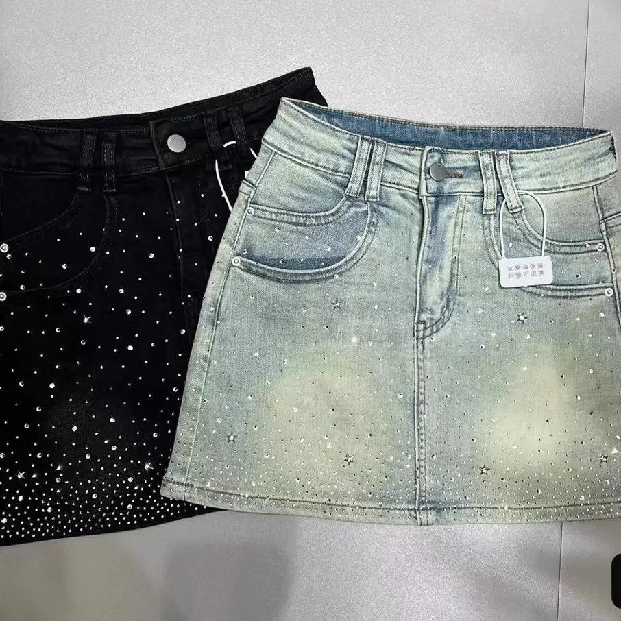 Starry Rhinestone Denim Skirt for Women Summer Retro Slimming a-Line Sheath Denim Skirt 250313