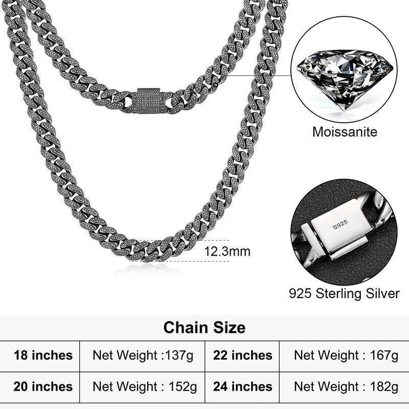 6-20mm S Sier Black/Sier/Gold Plated Color Full Miami Cuban Chain Moissanite Rope Rapper Necklace For Men Hip Hop Jewelry