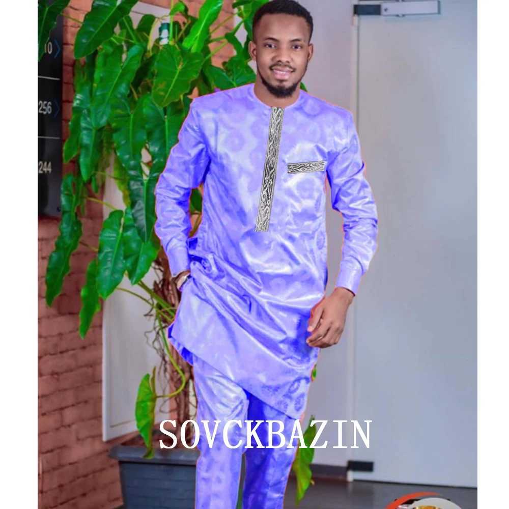 African Men Bazin Dashik Suit Clothing Casual 2 Pcs Set Shirt and Pant Nigerian Basin Men Outfit Party Wedding Clothes X250313