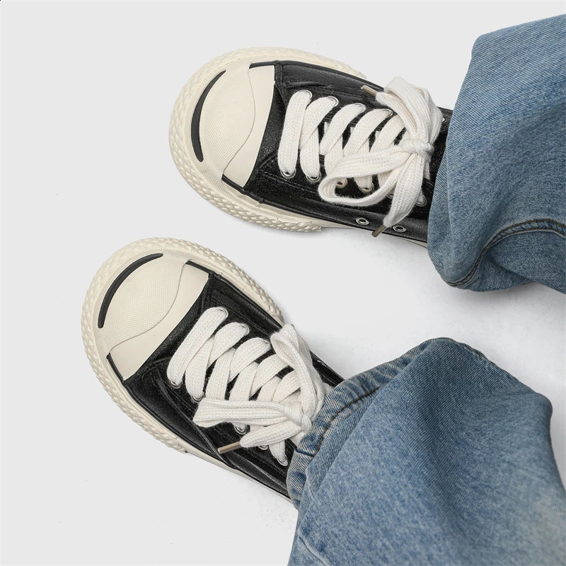 European Style Niche Super Cracked Pu Leather Wide Version Big Toe Skateboard Shoes Mens Retro Open Smile Thick-Soled Casual Shoes Vulcanized Shoes 25