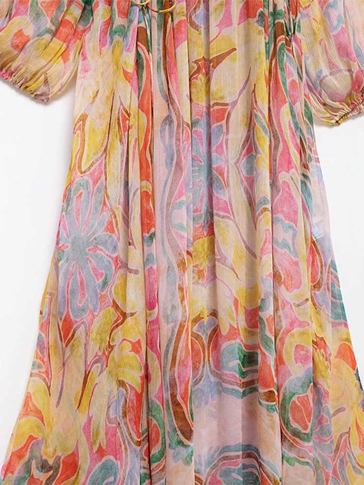 Urban Sexy Dresses Fashionable printed chiffon lace Dr womens loose O-neck long lantern Slve pleated womens dress 2025 summer womens colorful robe Y24