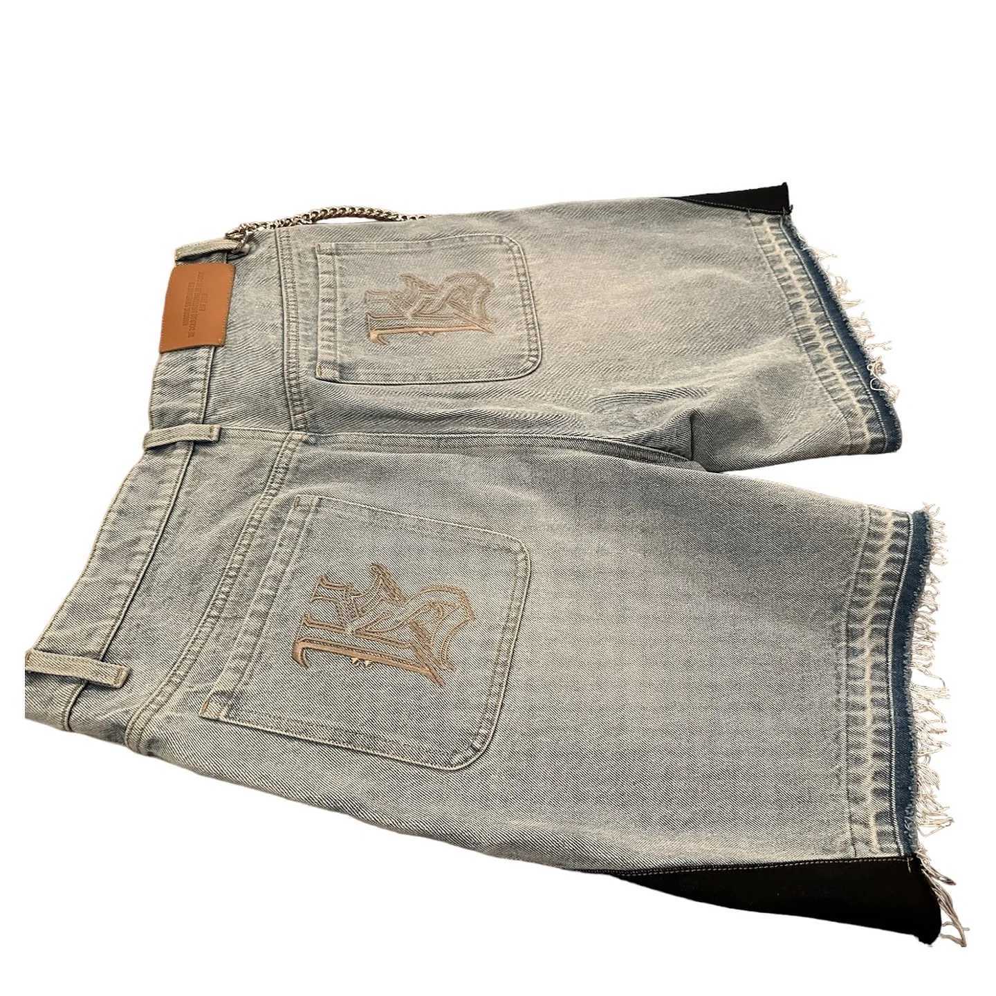 America Retro Denim Hip Hop Pattern Patchwork Shorts Mens Y2k Gothic Western Cowboys Blue Baggy Jeans Shorts Gym Running ShortsXJ250313