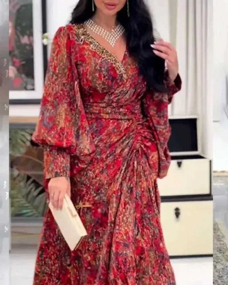 Urban Sexy Dresses African Print Dress for Women Summer Elegant African Lantern Slve V-neck Polyester Party Casaul Maxi Dr African Dr Y240312X5G4