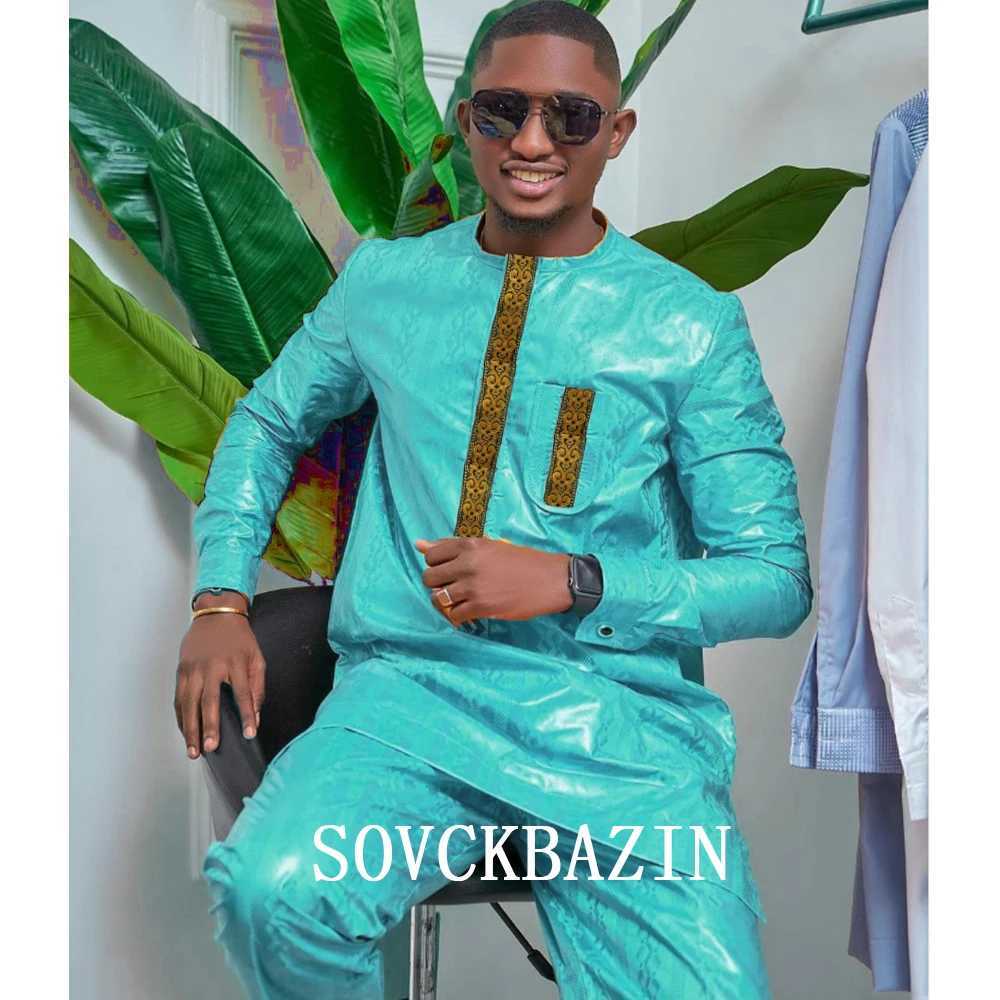 African Mens Top 2-piece Bazin Riche Mens Traditional Embroidered Shirt with Trouser Wedding Nigerian Robe X250313