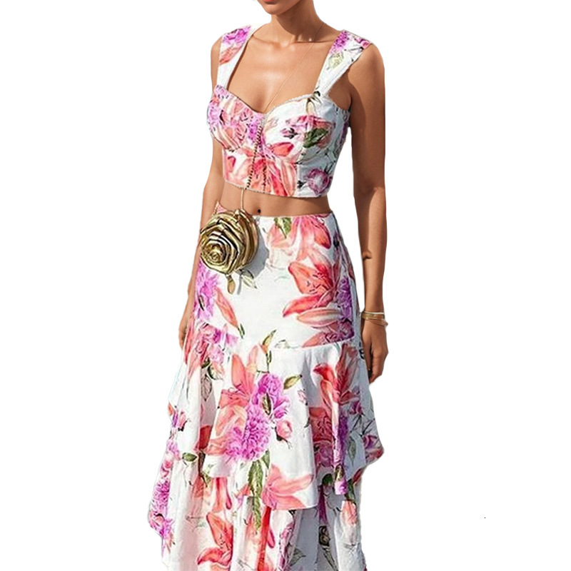 Women's Suit 2024 New Fashion Vacation Casual Printed Vest Skirt Two-Piece Set