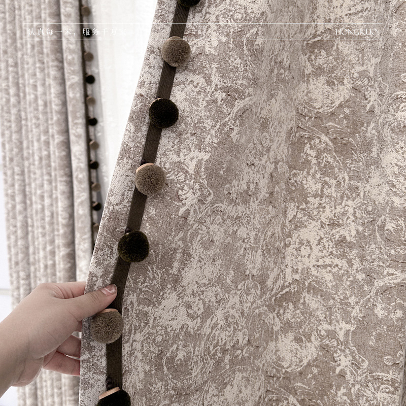T0385 French Rose Story Rose Manor Curtain Yarn-dyed Jacquard Chenille Blackout Curtain with Pine Cone Pom Poms