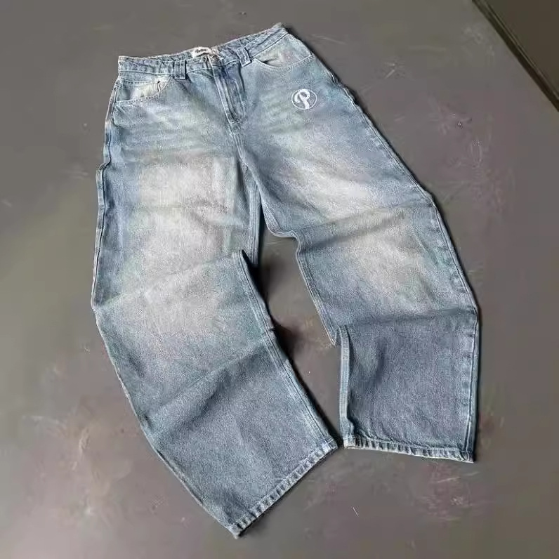 Street y2k embroidery fashion baggy washed distressed jeans mens loose small straight leg pants 240809