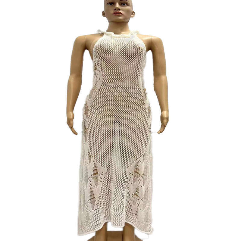 Hollow Mesh Sweater Style Vacation Sexy Long Skirt Knitted Slit Dress Summer
