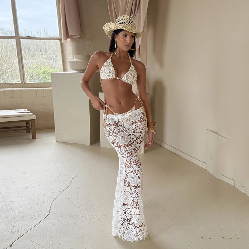 Sexy white lace 3piece bikini womens swimsuit long Sarong covered set beachwear 250313