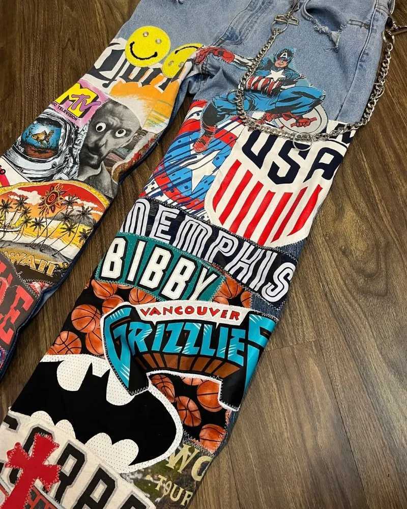 Fashion washing cartoon printing oversized jeans mens Y2k Gothpunk street hip-hop rock high waist wide leg womens jeans X250313