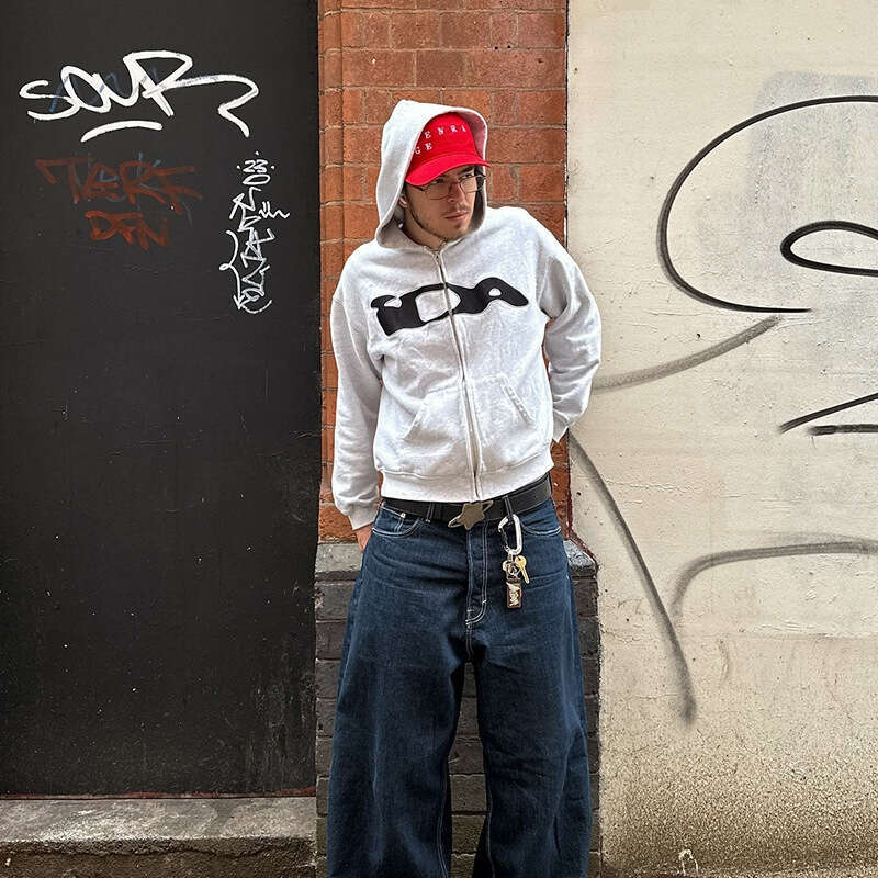 Y2K new style letter sticker street hip-hop cardigan zipper loose autumn and winter hooded sweatshirt