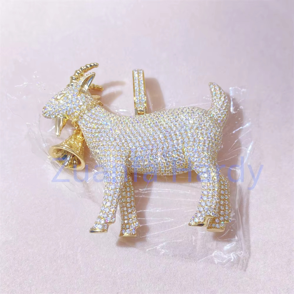 Custom 3D Design Sheep Charm Hip Hop Pendant VVS Moissanite Charm Iced Out 10K Yellow Gold Goat Pendant