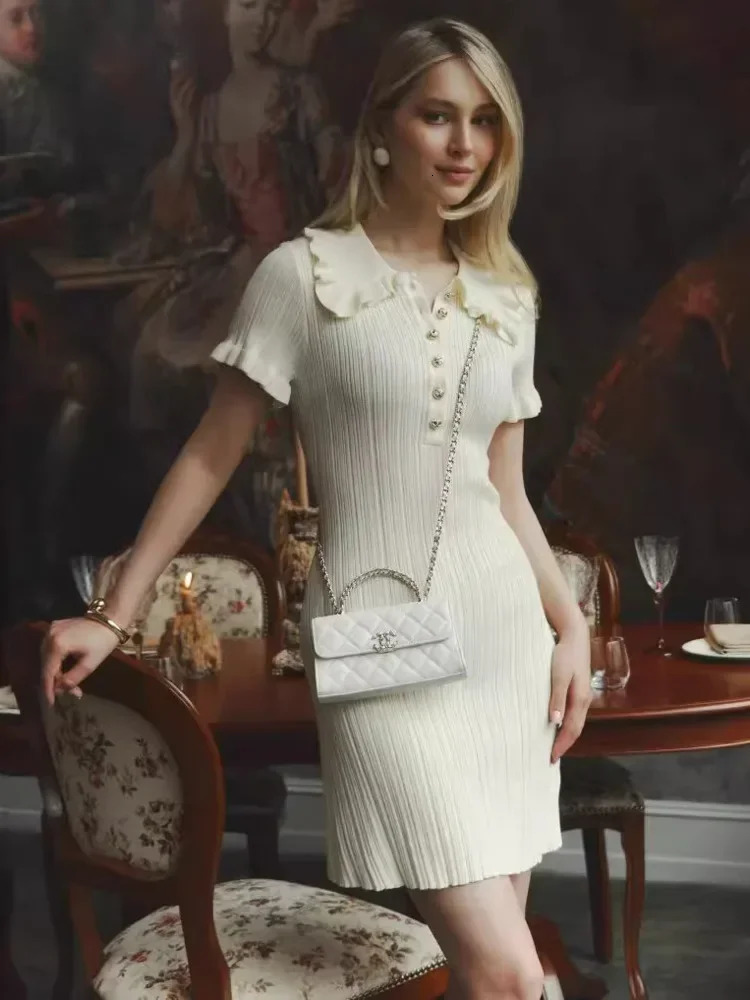 Leosoxs Short Sleeve Ruffled Knit Mini Dress for Women Solid Color Singlebreasted Slim Fit Sexy Fashion Elegant 250313