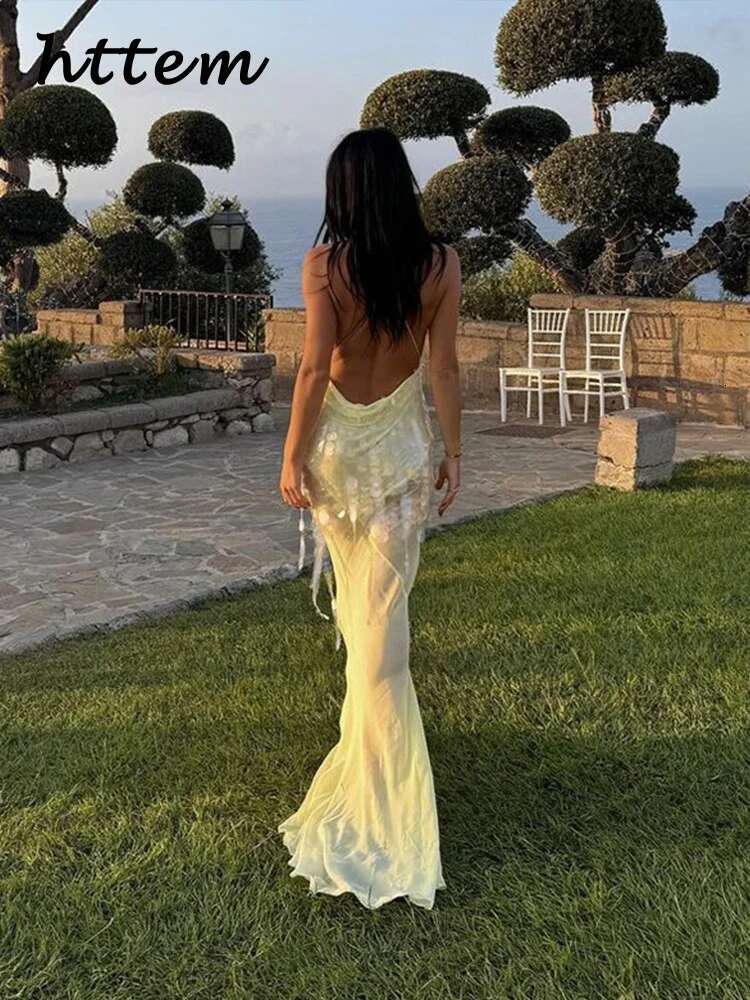 Sexy Sequins Backless Long Mermaid Dress Women Bodycon Halter Neck Sleeveless See Through Party Dresses 2024 Autumn Evening Gown