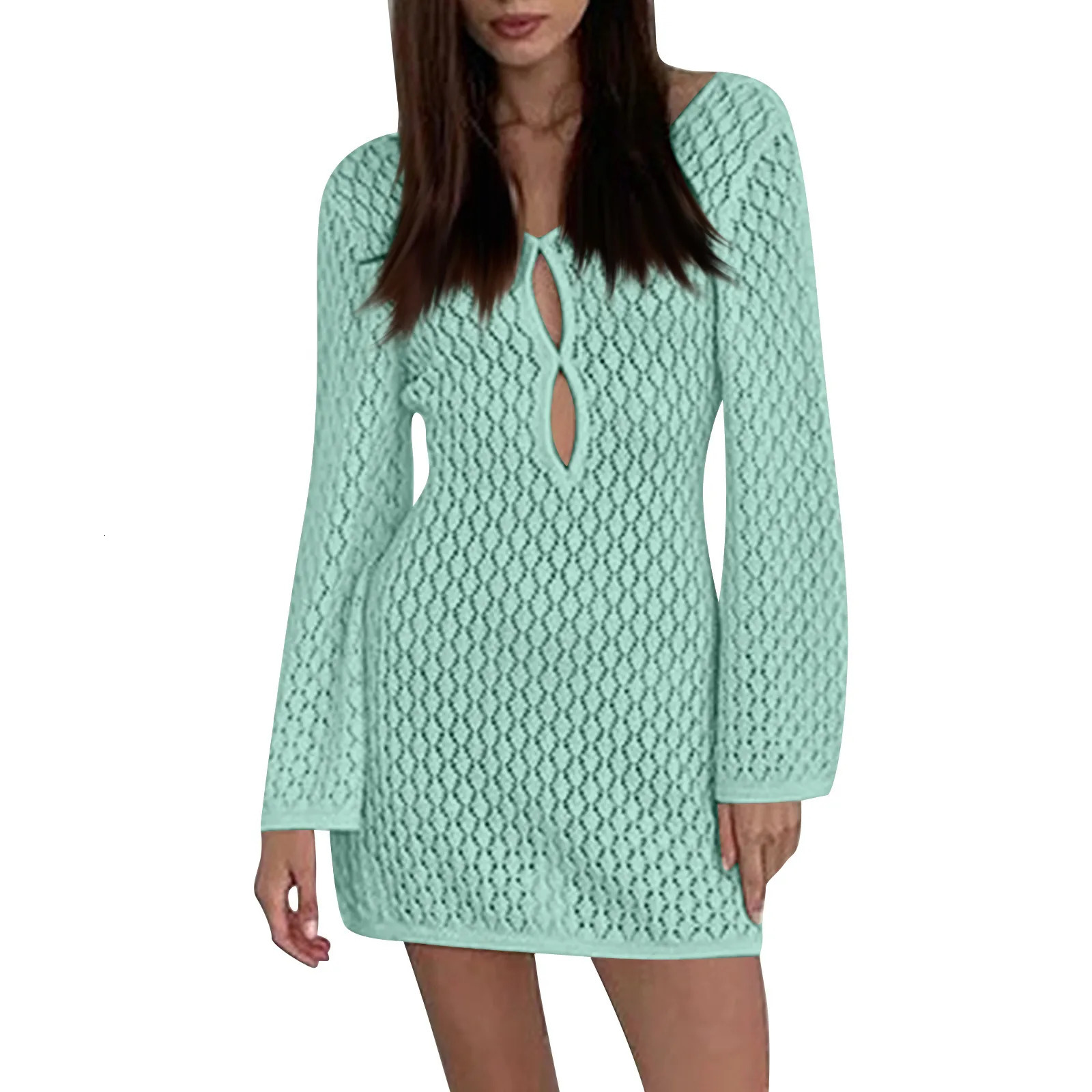 Sexy Cover Long Sleeve Womens Backless Beach Dress Swimsuit Knitted Tunic Robe 250312