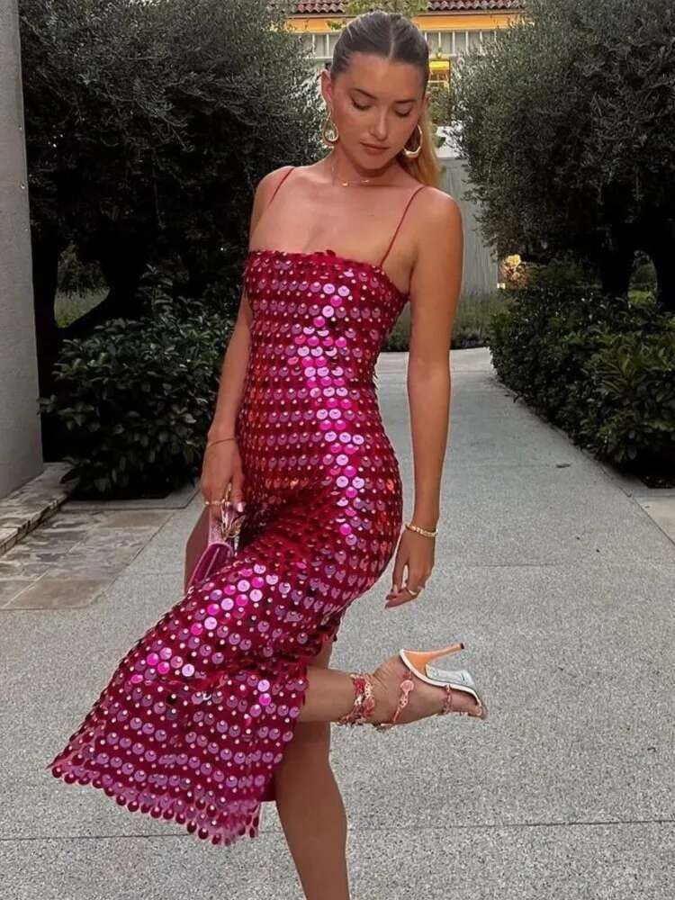 Beaded Irregular Slip Dress Sequin Holiday Halter Boho Long Dresses Sparkg Sexy Backless Slim Fit Suspender Evening Robes