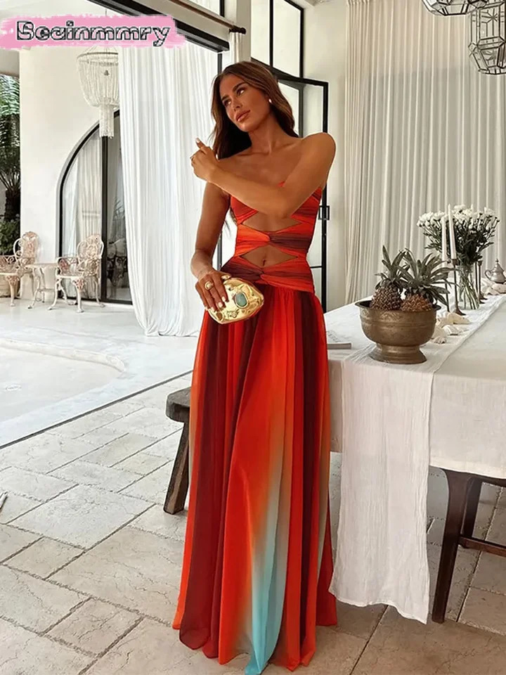 Printed color collision womens Maxi dress corset wrapped cutting strapless pleated robe summer 250313