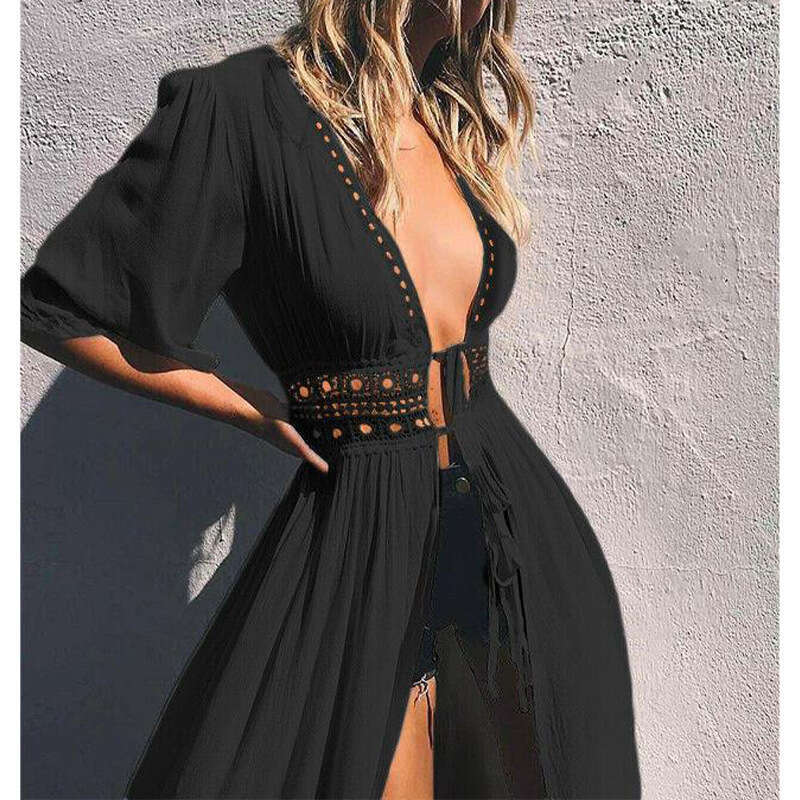 popular lace chiffon beach swimsuit cover, European and American perspective, slit sexy 2025 new casual versatile fashion clothing