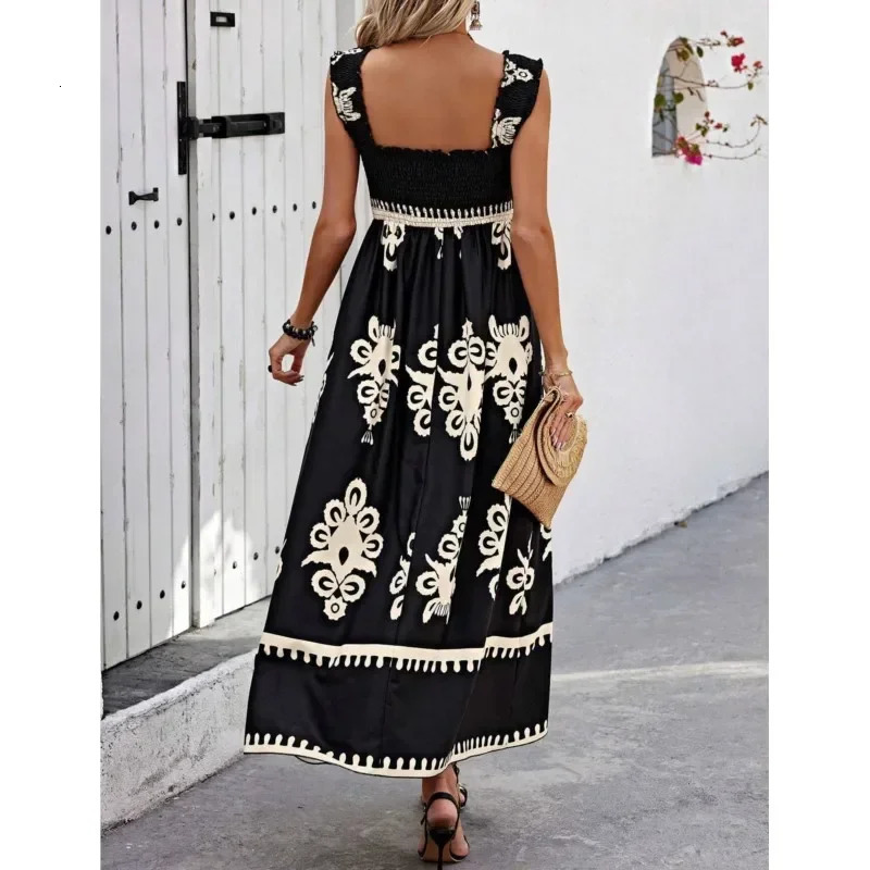 Bohemian womens summer clothing folding shoulder strap print high waist sexy backless beach dress holiday robe fashionable 250313