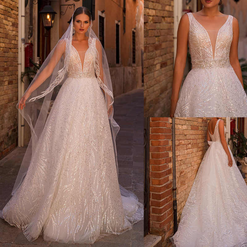 Simple A e Women Wedding V Neck Sleeveless Backless Bridal Gowns Sequins Sweep Train Dress Custom Made
