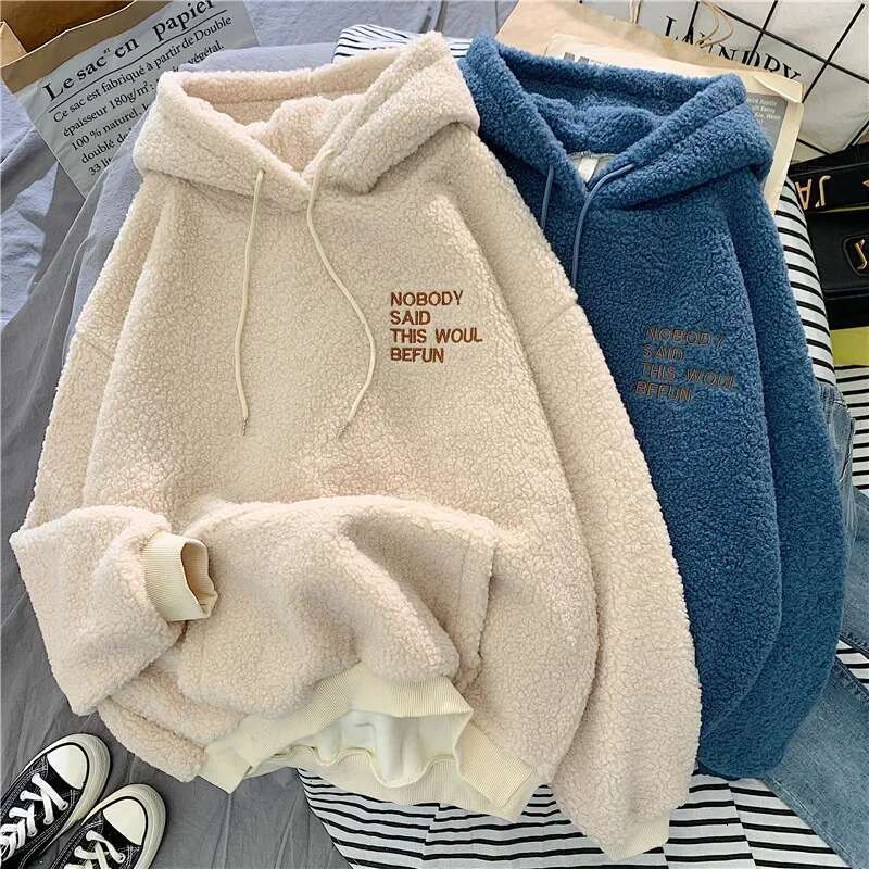 Official Hooded Fleece-Ed Wool Flanelle Material Sweatshirt Women's Student Autumn/Winter Warm Jacket