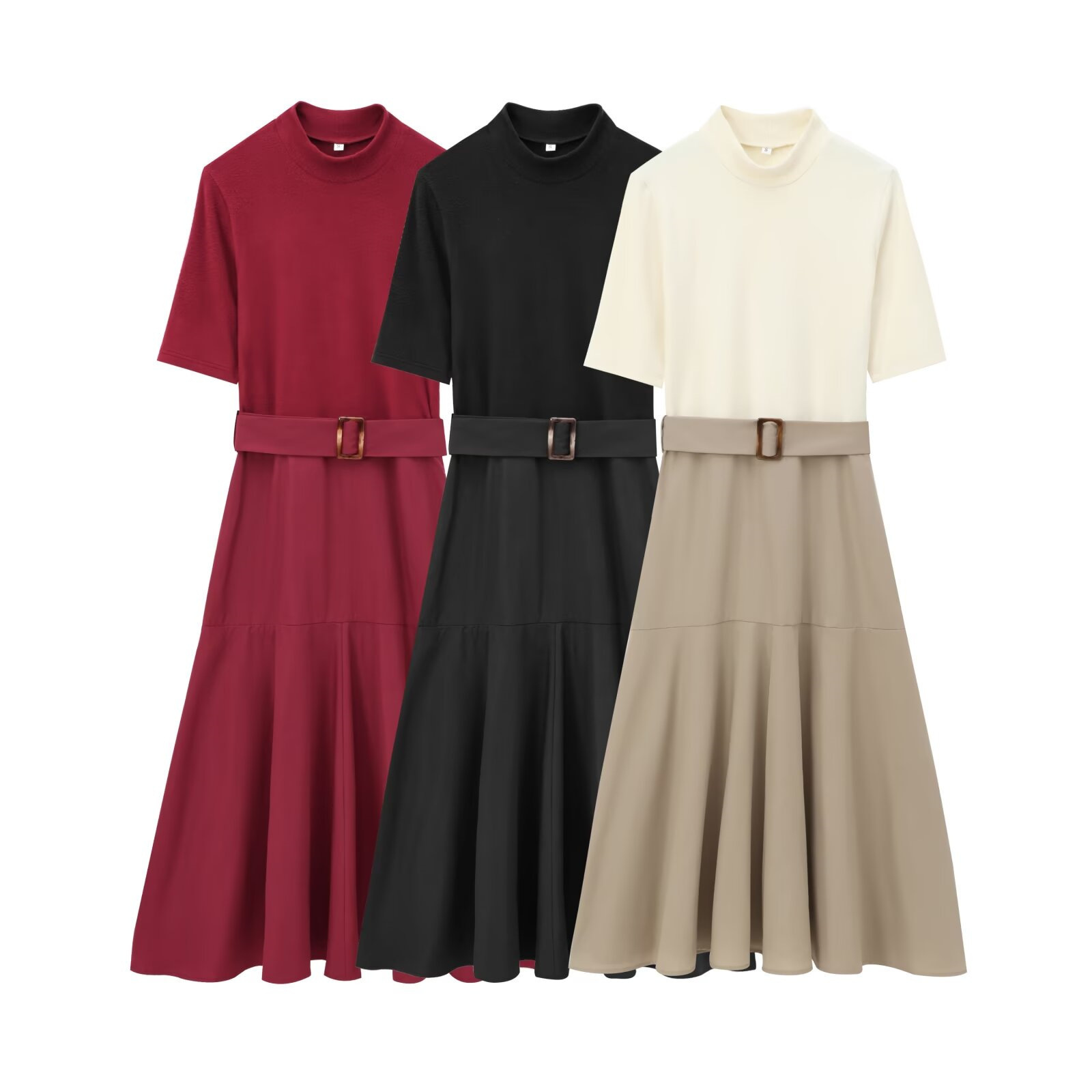 GS985 Dress 2025 Spring European and American Temperament Half High Neck Short Sleeve Slim Fit A-line Midi Dress