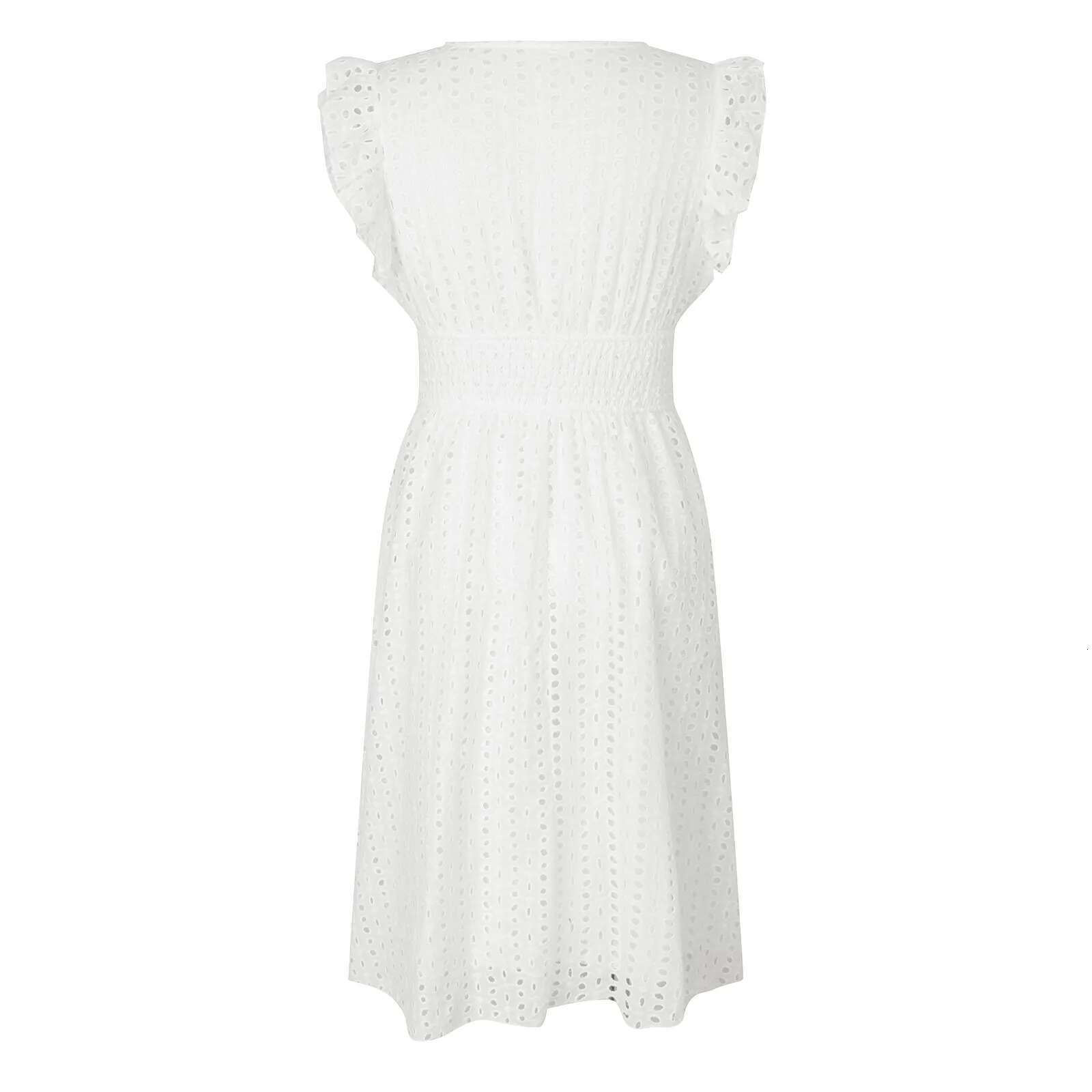 Women White V-Neck Beach Solid Summer A-E Half Sleeve Shirt Dress Casual Loose Pocket Sundress Holiday Baggy Long Robe