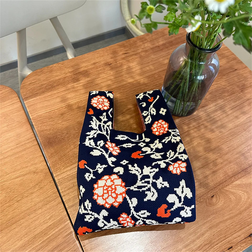 Retro Knitted Bags Large Capacity Floral Women Handbag Fashion Woven Shopper Purse Mini Knot Wrist Bag Reusable Student Tote Bag R250312