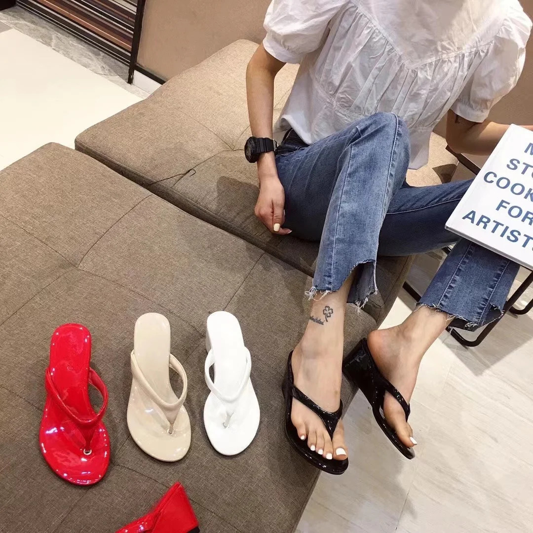 AIYKAZYSDL Red Apricot Thong Clip Toe Sandals Summer Beach Slippers Platform Wedge Low Heel Outdoor Patent Leather Vinyl Shoes 250312